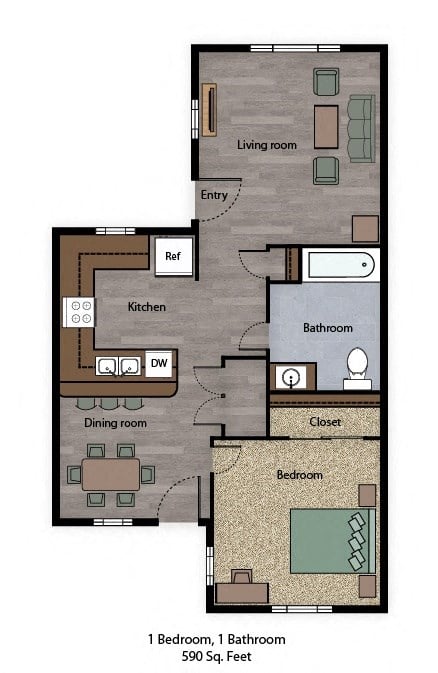Floor plan for 1 bed, 1 bath, 590 sqft